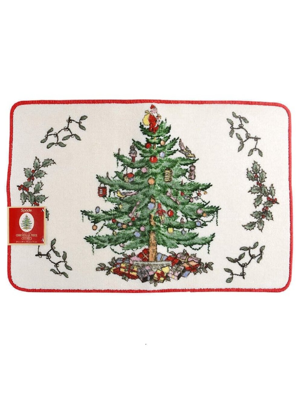 new 20"x30" Spode Whimsical Christmas Tree Bathroom Bath Rug Mat w/ Red Trim